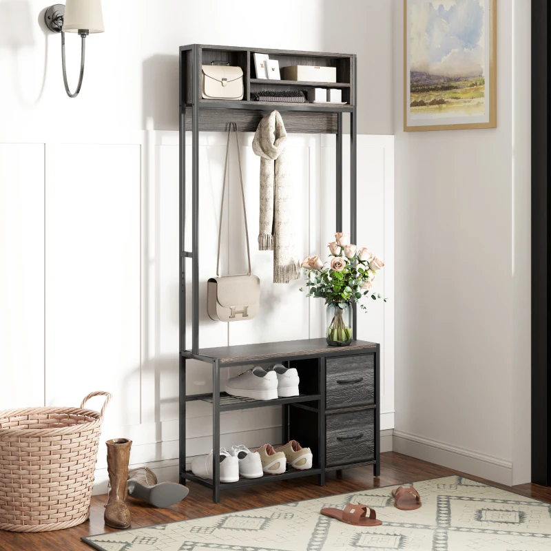 HOMCOM Hall Tree with Bench and Shoe Storage, 5-in-1 Entryway Bench with Coat Rack, 3 Storage Shelves, 2 Fabric Drawers, Gray