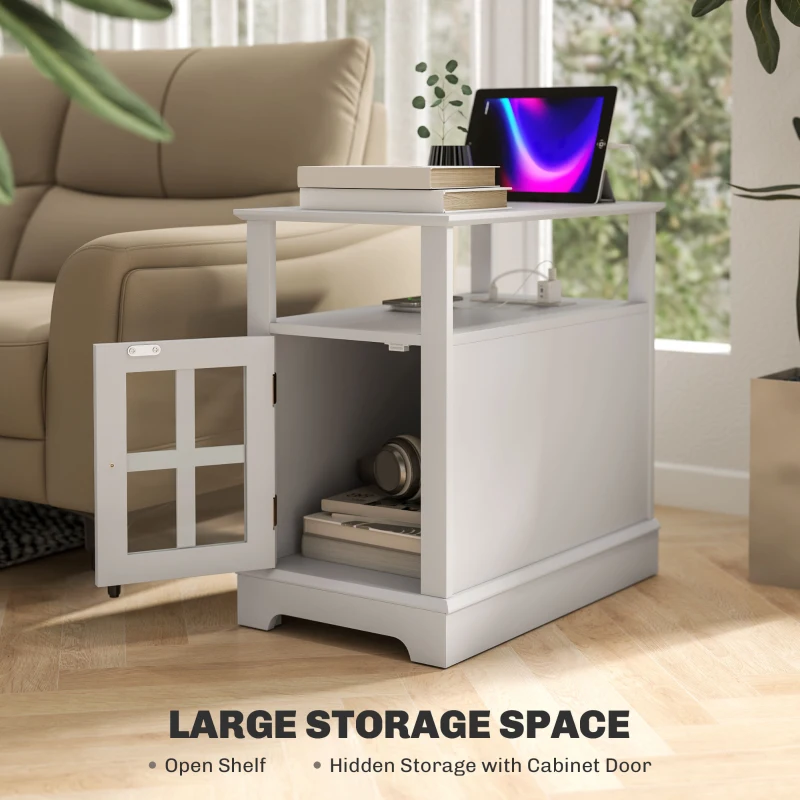 HOMCOM Narrow Side Table End Table with Charging Station, USB Ports, Modern End Table with Storage for Living Room, White