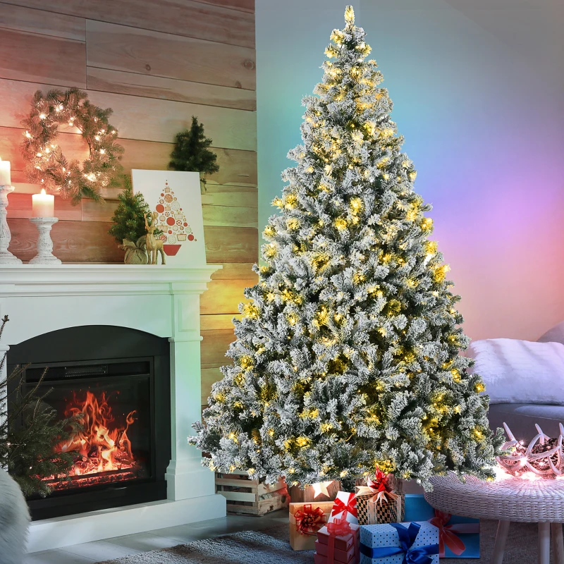 HOMCOM 9' Artificial Snow Christmas Trees with Frosted Branches, Warm White or Colorful LED Lights, Steel Base