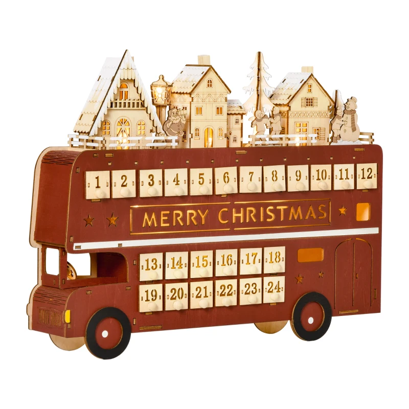 HOMCOM Christmas Advent Calendar, Light Up Table Xmas Wooden Bus Holiday Decoration with Countdown Drawer, Santa Claus Street House, for Kids and Adults