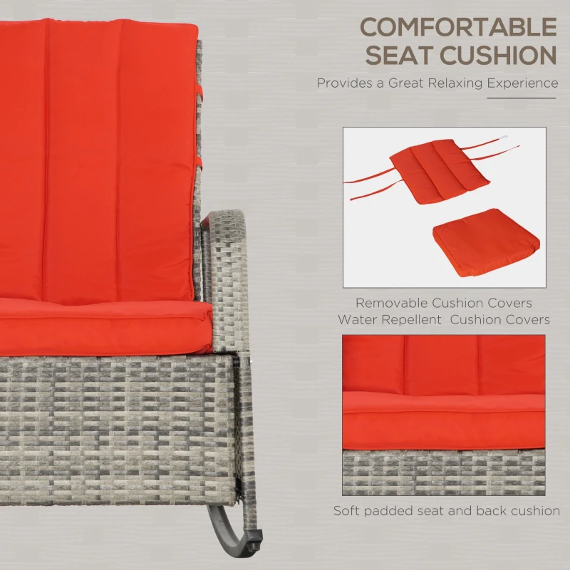 Outsunny Outdoor Wicker Rocking Chair with Cushion, Patio PE Rattan Recliner Chair with Adjustable Footrest, Armrests, Red