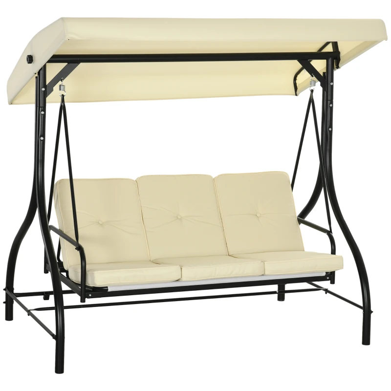 Outsunny Convertible Patio Swing Bed with Canopy and Cushions, 3 Seater Porch Swing for Outdoor, Backyard, Garden, Beige
