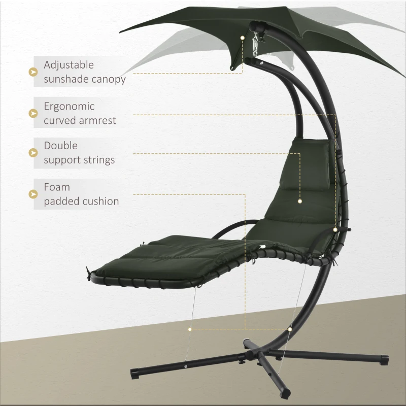 Outsunny Floating Chaise Lounge Outdoor Porch Swing Chair Hanging Hammock Reclining Seat  w/ Arc Stand & Canopy Umbrella Charcoal Grey