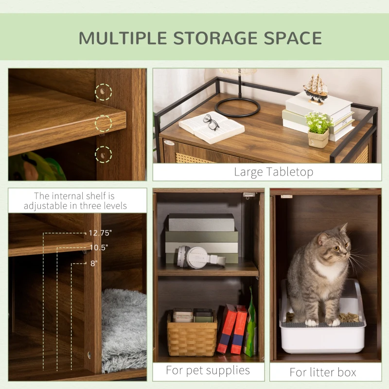 PawHut Shelved Hidden Litter Box Enclosure with Spacious Top and Interior, Large Cat Litter House End Table for Indoor Cats with Hidden Storage Cabinet Space