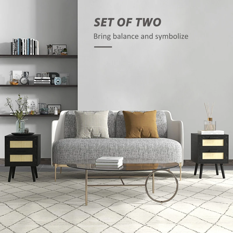 HOMCOM Boho Nightstands Set of 2, Bedside Tables with 2 Drawers for Living Room, Bedroom, Black