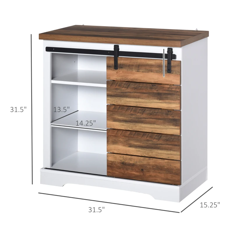 HOMCOM Farmhouse Sideboard Buffet Cabinet, Sliding Barn Door Style Accent Cabinet, Kitchen Cabinet with Interior Shelves, White/Brown
