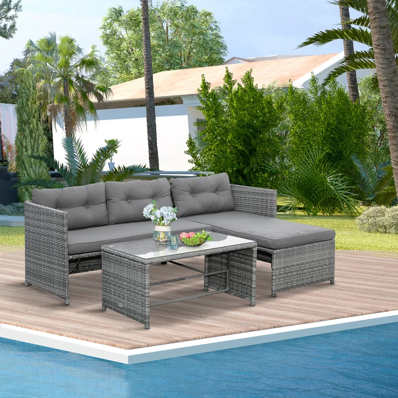 Outsunny 3 Piece Patio Furniture Set, Rattan Outdoor Sofa Set with Chaise Lounge & Loveseat, Soft Cushions, Tempered Glass Table, L-Shaped Sectional Couch, Charcoal