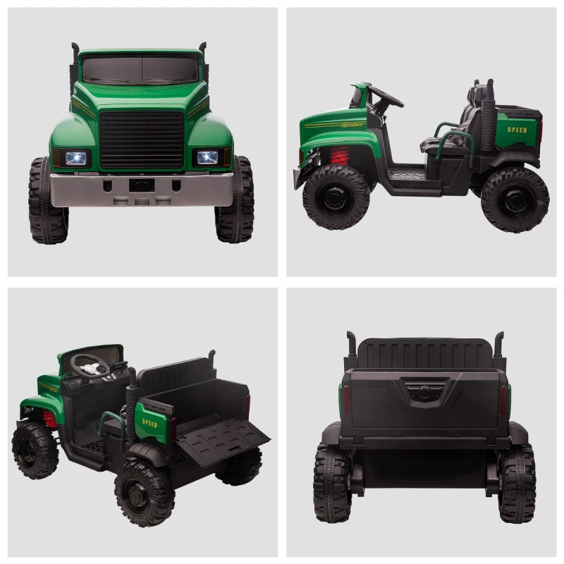 Aosom Ride-on Tractor 2-Seater Battery-Powered Car for Kids with Large High-Traction Wheels, 12V Truck Ride-on Toy with Rear Storage, Outdoor Toy, Green