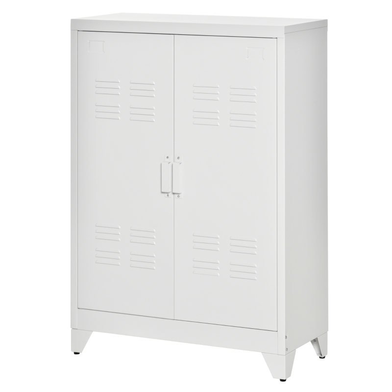 HOMCOM Metal Storage Cabinet, Industrial Sideboard Buffet Cabinet with 2 Louvered Doors, Adjustable Shelves, White