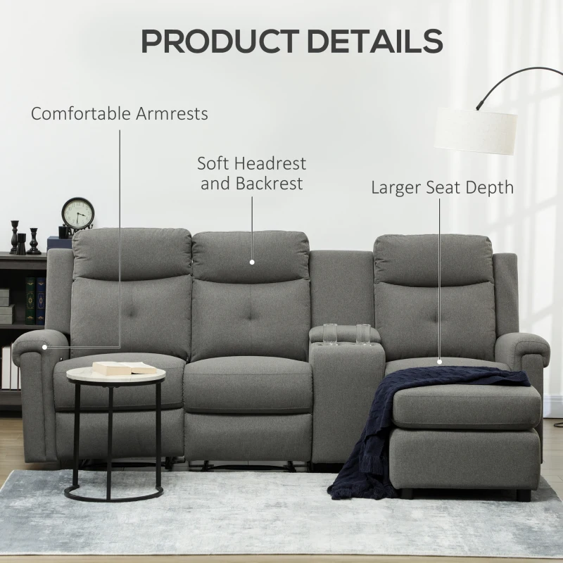 HOMCOM L-Shaped Sofa, Manual Reclining Sectional with Chaise Ottoman, Storage Console, Cup Holders, USB Charging, Gray
