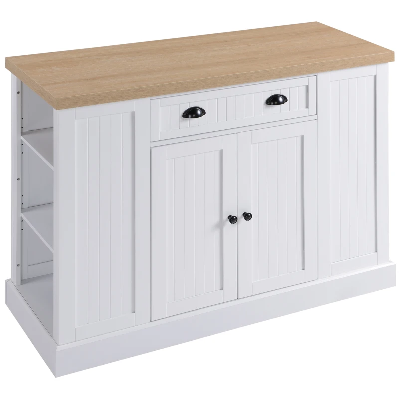 HOMCOM Fluted-Style Wooden Kitchen Island, Storage Cabinet w/ Drawer, Open Shelving, and Interior Shelving for Dining Room, White