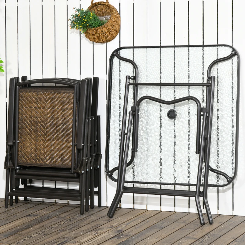 Outsunny 5 Pieces Patio Table and Chairs, Foldable Wicker Outdoor Dining Table Set with Umbrella Hole, Dark Brown