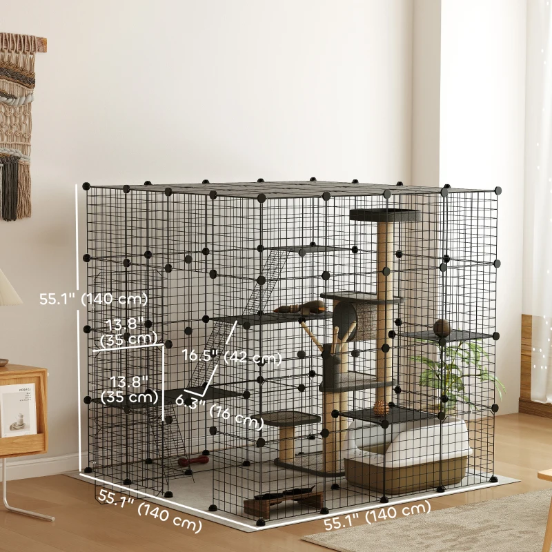 PawHut 4-Tier 55" Cat Cage Indoor with Platforms, Ramps, Accessories, for 1-3 Cats, Indoor Use, Black
