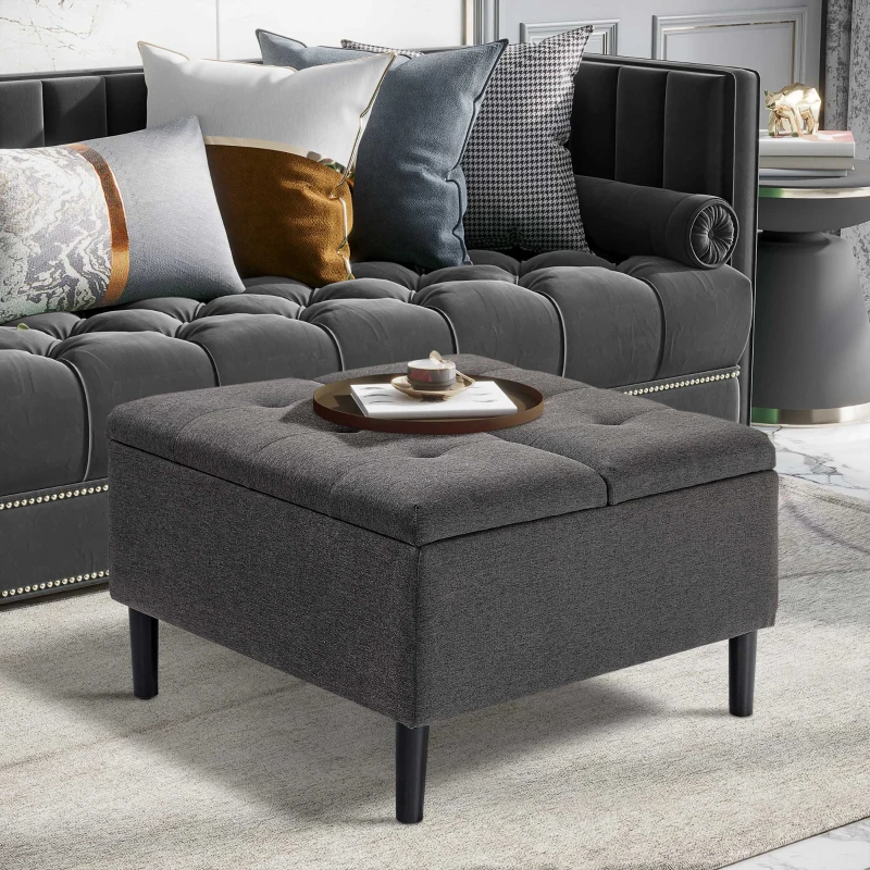 HOMCOM 30" Square Storage Ottoman, Upholstered Ottoman Coffee Table with Lift Top, Button Tufted and Wood Legs, Accent Footstool for Living Room, Dark Gray