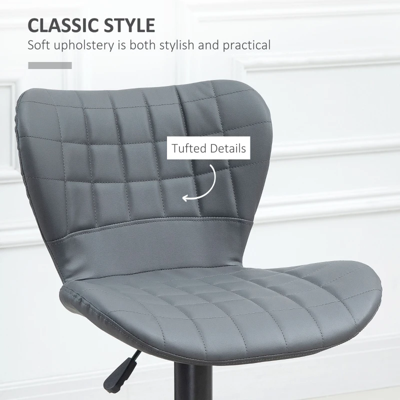 HOMCOM Bar Stools Set of 2, Adjustable Height Swivel Bar Chairs, PU Leather Upholstered Kitchen Counter Stools with Wide Seat, Back and Footrest, Grey