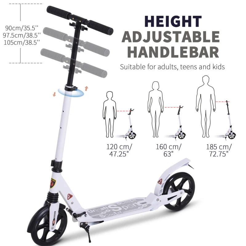 Soozier Foldable Kick Scooter Height Adjustable Ride On Bike with Real Wheel Brake, Dual Shock-Absorbing, Kickstand, and 7.75'' Big Wheels For 14+ Teens Adult, White