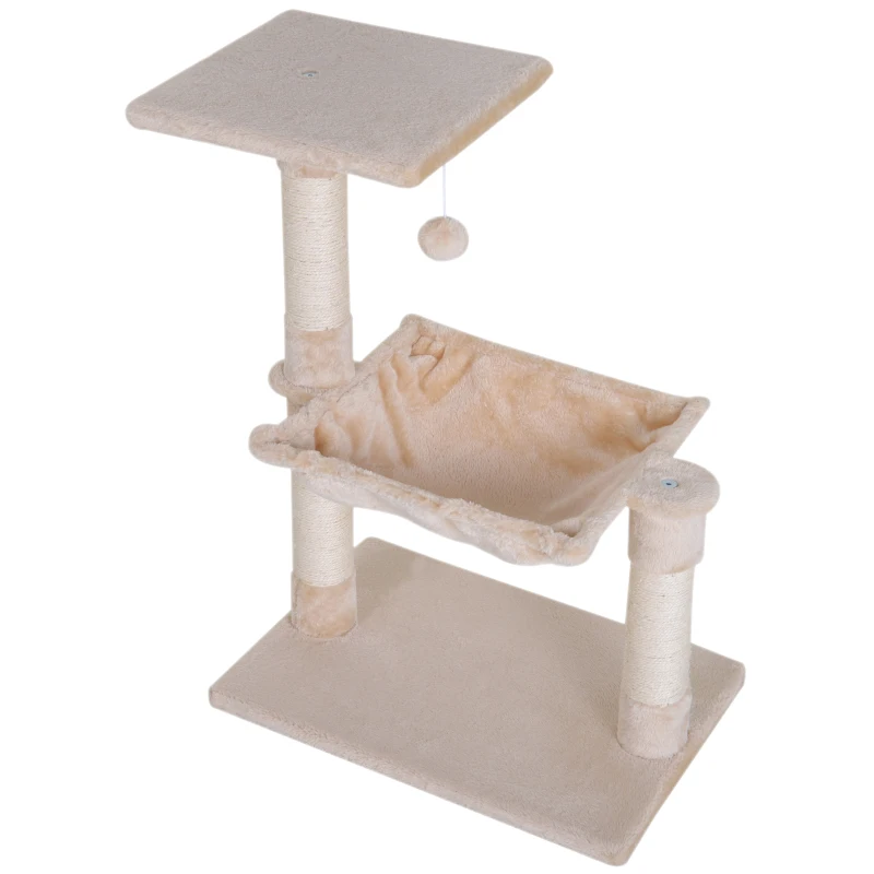 PawHut 27.5" Cat Tree Hammock with 3 Natural Sisal Scratching Post, Teasing Toy - Beige