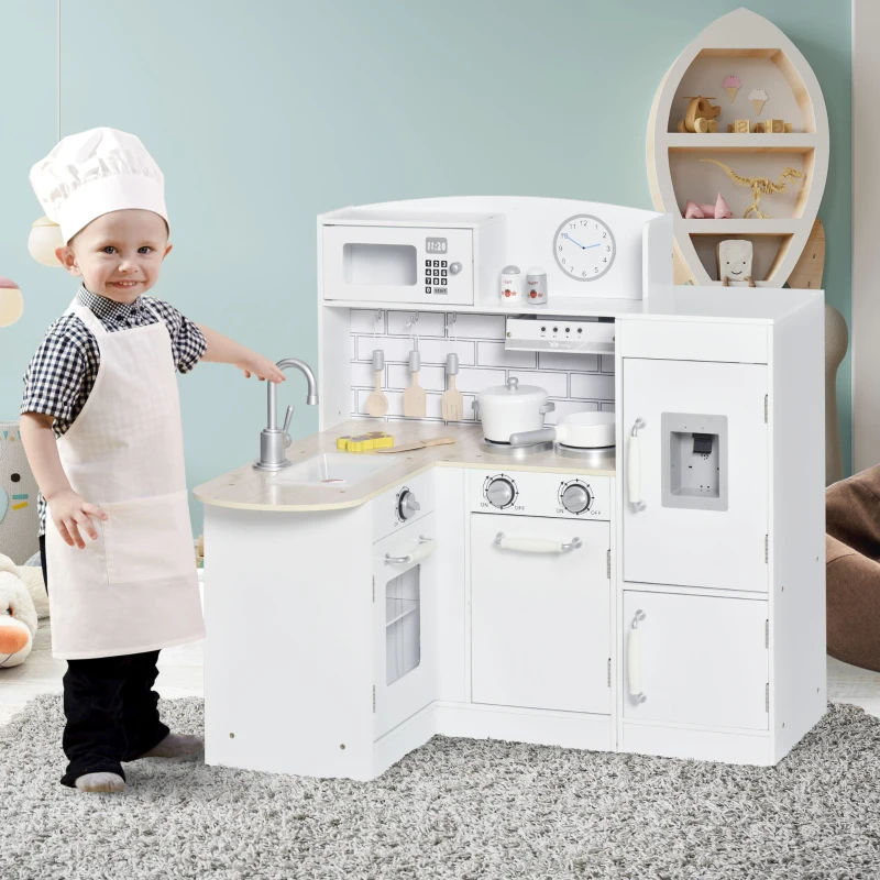 Qaba Corner Kids Kitchen Playset, Wooden Pretend Toy Kitchen Set with Drinking Fountain, Microwave, Fridge and Accessories, Pretend Play Kitchen for 3+ Years, White