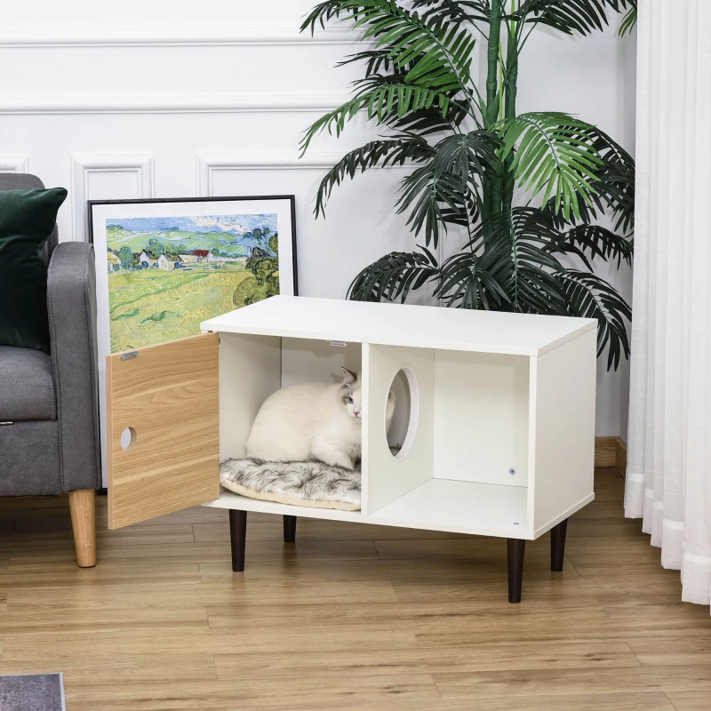 PawHut Wooden Cat House with Soft Cushion, Decorative Kitten Condo Side Table, Elevated Pet House with Storage Space