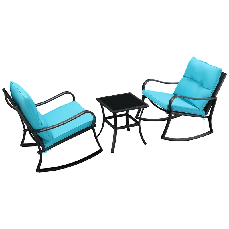 Outsunny 3 Pieces Patio Wicker Rocking Chairs Table Set, Outdoor PE Rattan Furniture with 2 Rockers & 1 Coffee Table w/ Padded Cushions for Deck, Backyard, Garden, Blue