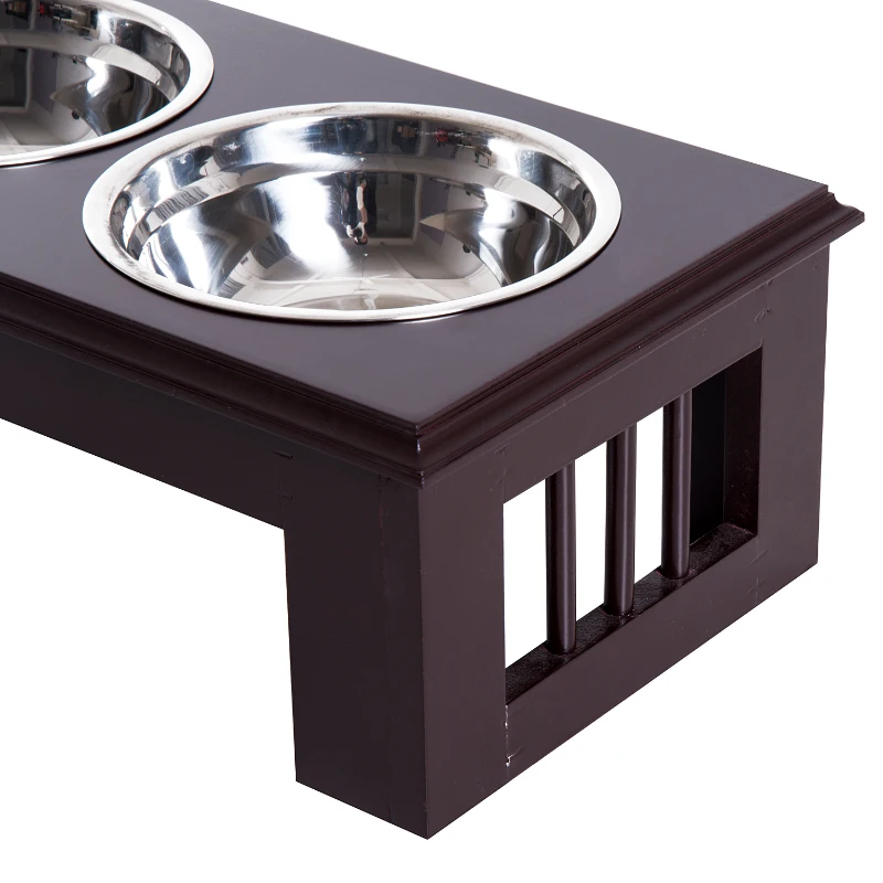 PawHut 6" Height Small Puppy Dog Feeding Station for Messy Pets, Stainless Steel Elevated Dog Bowls with Modern Wooden Frame, Dog Food Stand Pet Feeding Station, Dark Brown