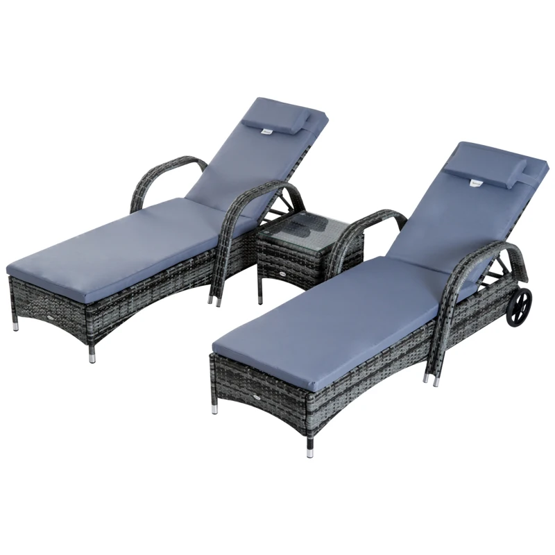 Outsunny Wicker Outdoor Chaise Lounge Chair Set of 3 with Side Table, 5-Level Adjustable Backrest PE Rattan Pool Lounge Chair with Wheels, Cushion & Headrest, Mixed Gray and Gray