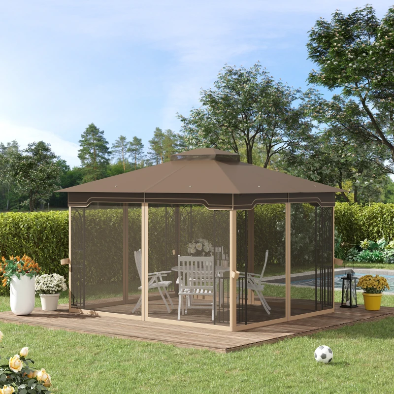 Outsunny 10' x 12' Patio Gazebo, Double Roof Outdoor Canopy Shelter with Corner Frame and Mesh Netting for Garden, Lawn, Backyard and Deck, Brown