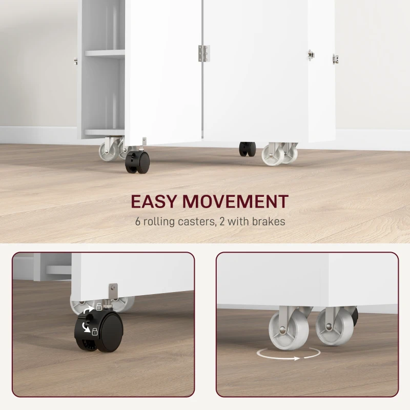 HOMCOM Folding Dining Table with Storage, Drop Leaf Kitchen Table on Wheels with Box, Shelves and Towel Racks, White