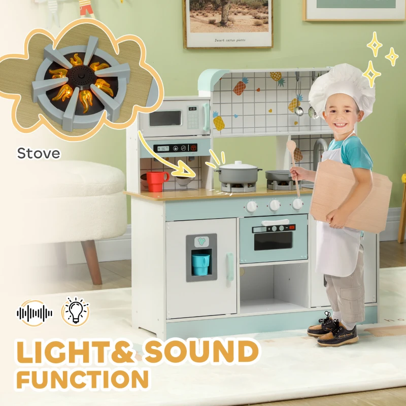 Qaba Play Kitchen, Kids Kitchen Playset with Coffee Machine, Ice Maker, Stove, Microwave, Oven, Sound & Lights