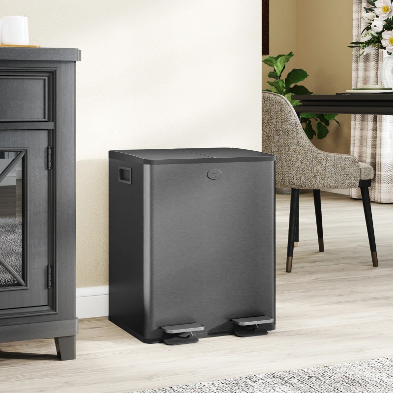 HOMCOM Dual Garbage Bin, Soft-Close Trash Can with Foot Pedal, 2 x 20 Liter Garbage Can with Removable Inner Buckets, Black