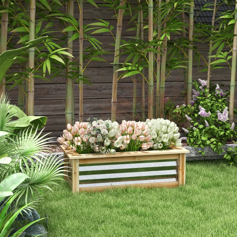 Outsunny Raised Garden Bed, Planter Box, Metal and Wood Combined, for Growing Flowers, Herbs and Vegetables