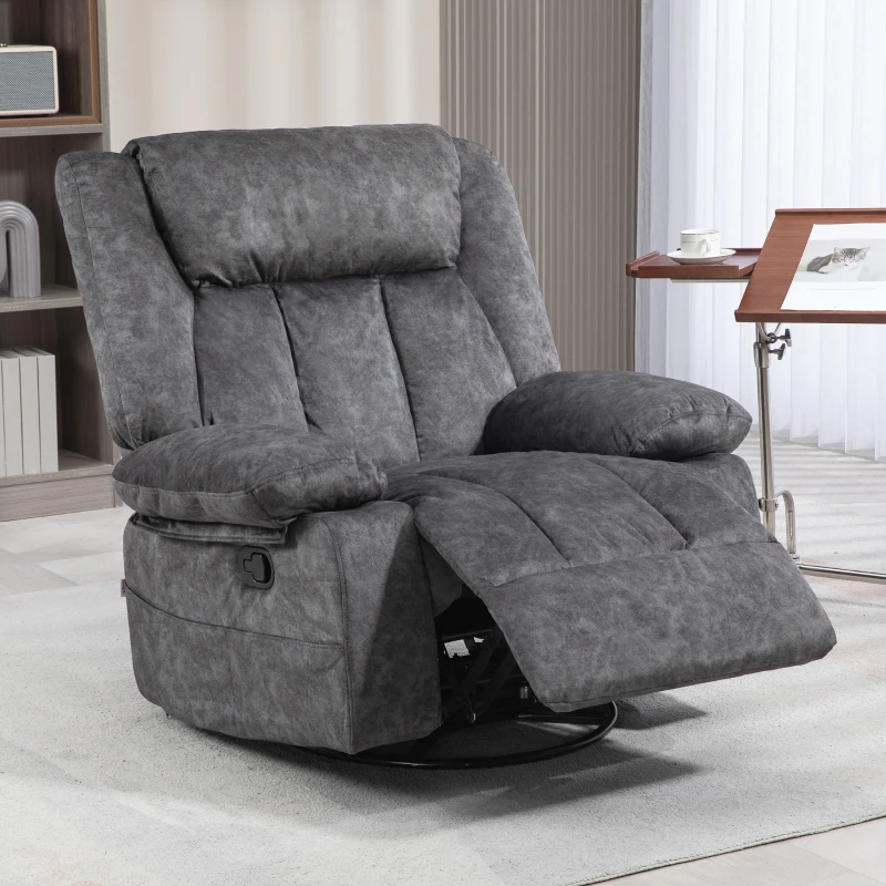 HOMCOM Rocker Recliner Chair with Swivel, Fabric Reclining Chair with Cushion, Rocking Chair with Footrest, Charcoal Gray