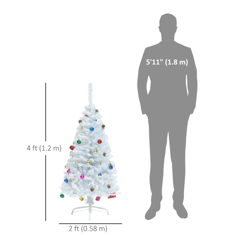 HOMCOM 4ft Decorated Christmas Tree, Artificial Christmas Tree with Ornaments for Holidays, Party, White