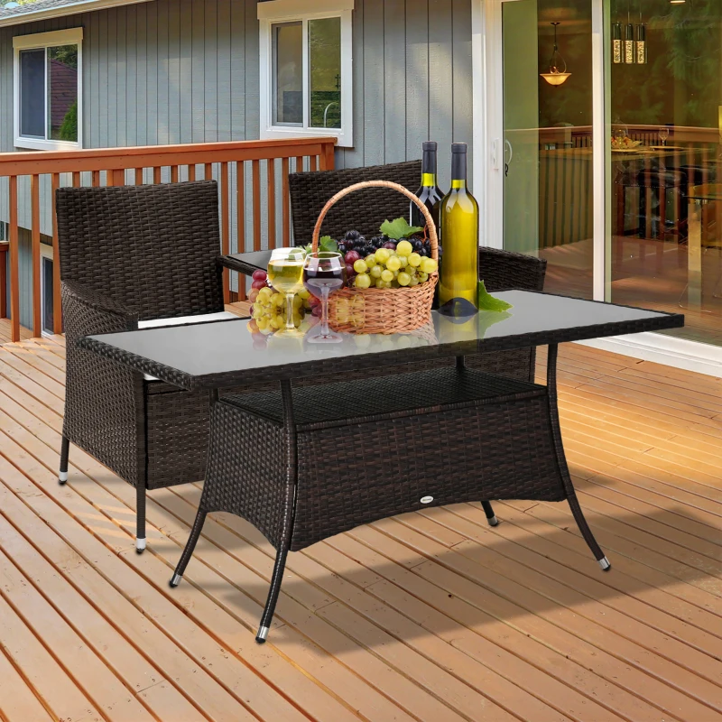Outsunny Garden Dining Table, Patio Rattan Dining Table with Glass Top, Storage Shelf for Yard, 59" x 34" x 29", Brown