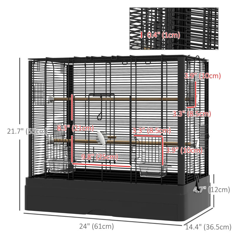 PawHut 22" Bird Cage for Budgie Finches Canaries Love Birds with Wooden Stands, Slide-Out Tray, Handles, Food Containers, Black