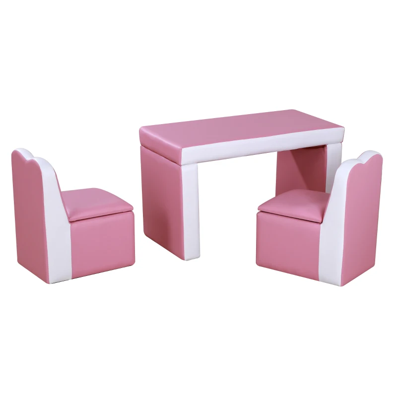 Qaba Kids Sofa Set 2-in-1 Multi-Functional Toddler Table Chair Set 2 Seat Couch Storage Box Soft Sturdy Pink