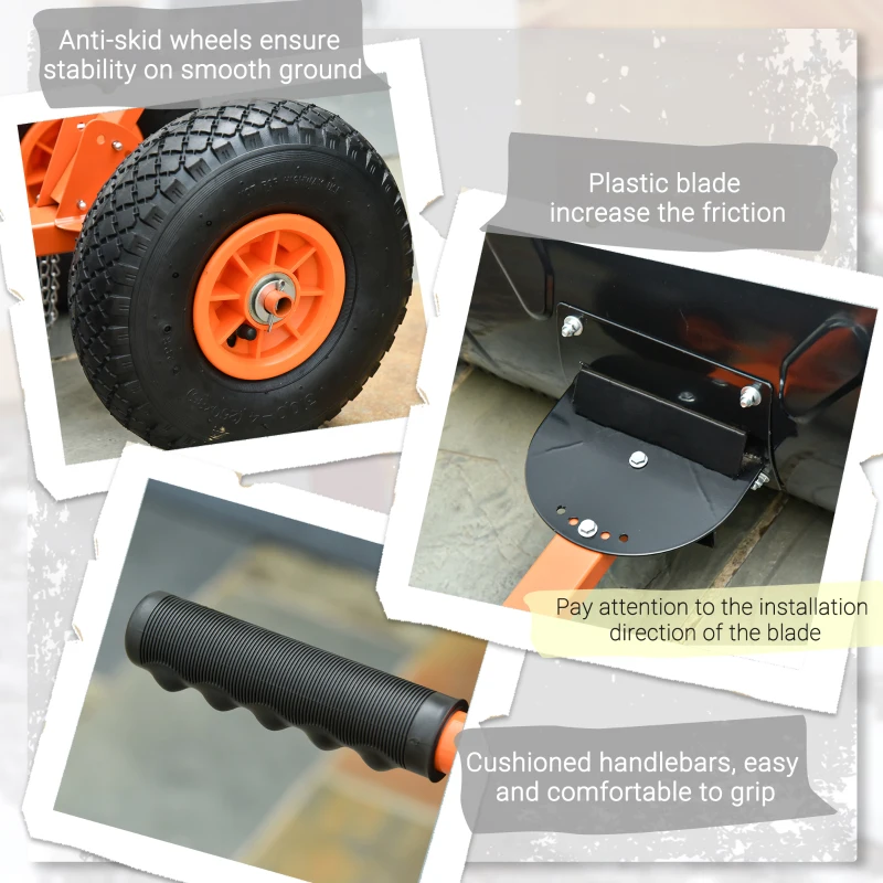 Outsunny Snow Shovel, Rolling Pusher with 29" Blade, 10" Wheels & Angle-Adjustable Handle, Orange