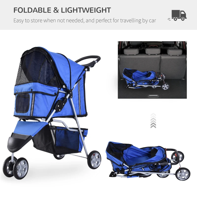 PawHut 3 Wheels Foldable Dog Stroller with Storage Basket, Adjustable Canopy, Cupholder for Miniature and Small Dogs, Blue