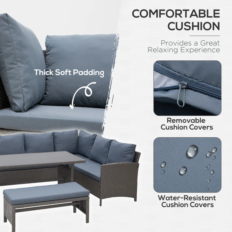 Outsunny 4 Pieces Patio Wicker Dining Sets, Outdoor PE Rattan Sectional Conversation Set with Cushions & Dining Table, Bench for Garden, Backyard, Lawn, Gray