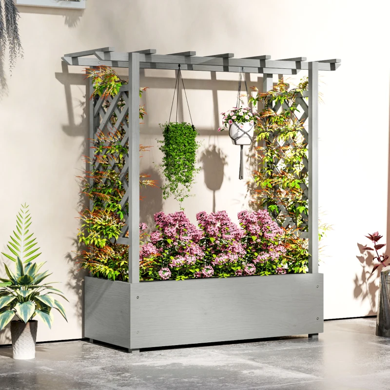 Outsunny Wooden Raised Garden Bed with Trellis, Outdoor Planter Box with Hanging Roof, Drainage Holes and Bed Liner