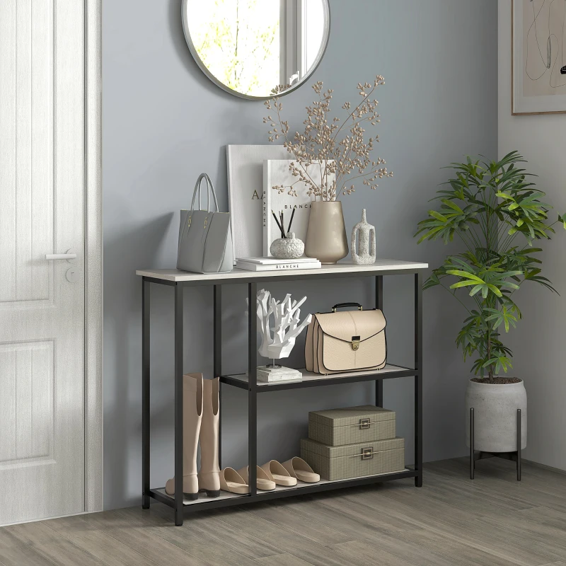 HOMCOM 39" Console Table, Entryway Table with 2 Storage Shelves, Steel Frame, Narrow Sofa Table for Living Room, Gray