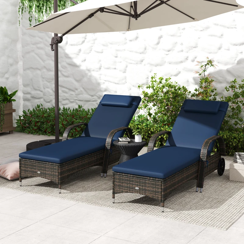 Outsunny 2 Reclining Chaise Lounge Chairs, Rolling Outdoor Chairs with Cushion, Pillow, Headrest, Armrests, and Wheels, Dark Blue