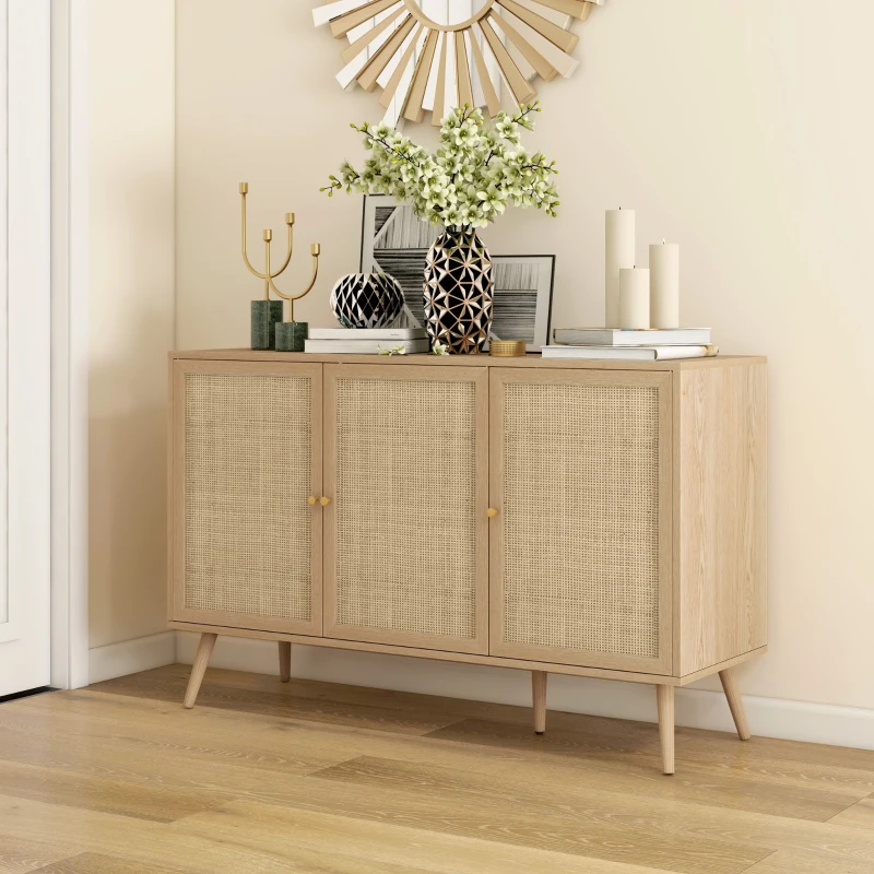 HOMCOM Kitchen Sideboard Cabinet, Boho Storage Cabinet with Shelves, Wood Legs, Decorative Rattan Doors, Natural