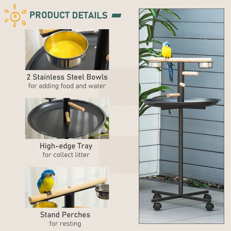 PawHut Portable Bird Play Stand, Parrot Perch Bird Feeder Station with Wheels, Stainless Steel Feeding Bowls, Tray, Gray