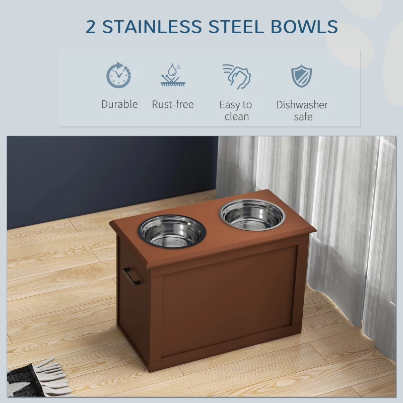 PawHut Raised Bowl Dog Feeder with 2 Steel Bowls and Storage, Brown