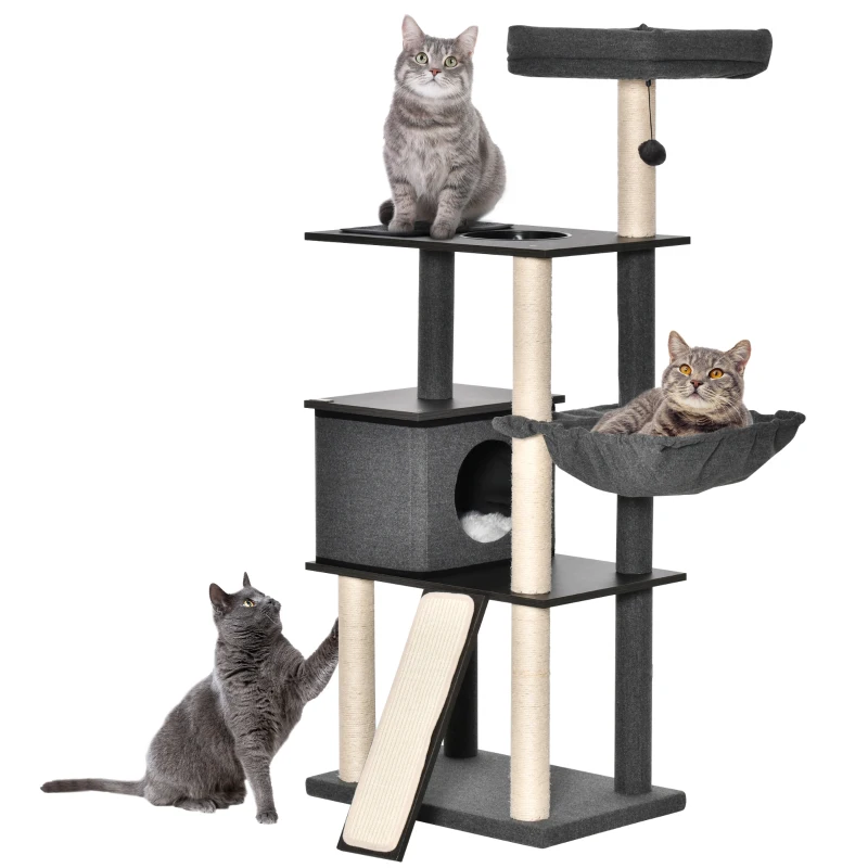 PawHut 58" Cat Tree Huge Kitty Activity Center Cat Climbing Toy Rest Pet Furniture with Sisal Scratching Post Pad Condo Bed Perch Ladder Hanging Ball Dark Grey