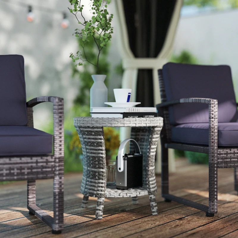 Outsunny 18" Wicker Outdoor Coffee Table, PE Rattan Patio Side Table with 2-Tier Storage, Composite Wood Top, Mixed Gray