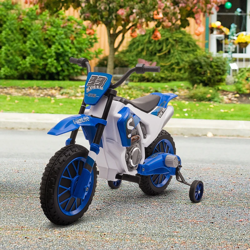 Aosom 12V Kids Motorcycle w/Treaded Tires, 5mph Top Speed Electric Bike for Kids, Ride On Motorcycle w/Training Wheels, Battery Charger, Spring Suspension, Blue(m-10)