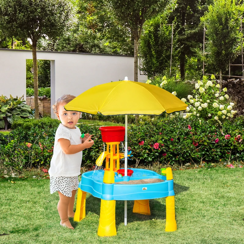 Qaba 2-in-1 Covered Sandbox Table with Umbrella for Outdoors and Indoors, 25-Piece Sand and Water Table for Toddlers, Little Kids Toys