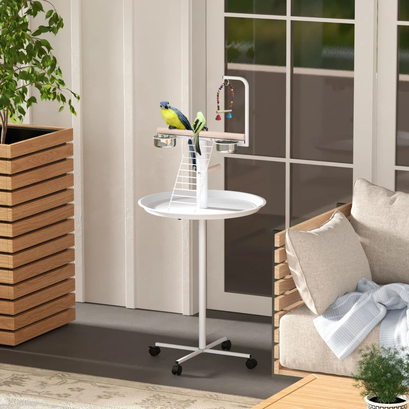 PawHut Bird Stand with Wheels, Perches, Feed Bowls, Round Tray for Parrot